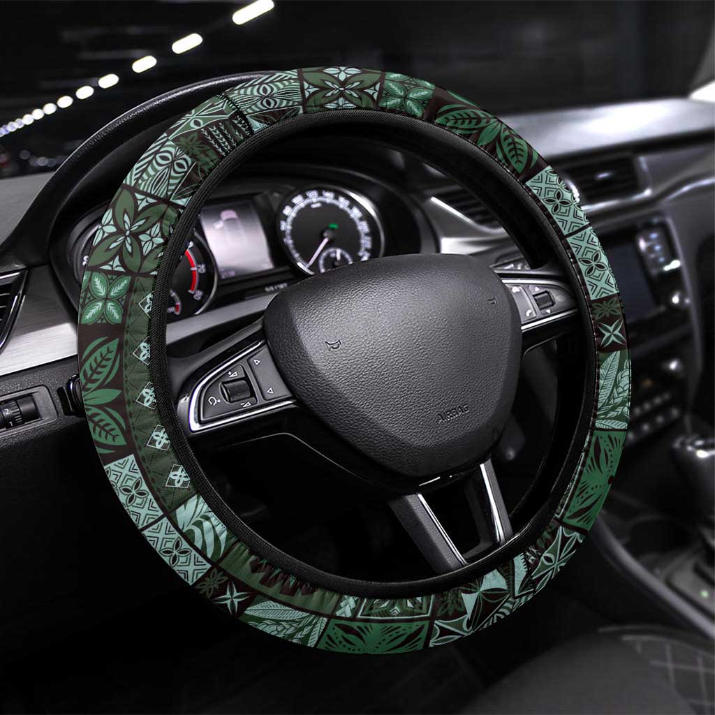 Samoa Siapo Tribal Pattern Steering Wheel Cover Forest Green Polynesian Plumeria Tapa Motif