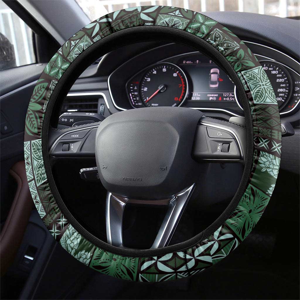 Samoa Siapo Tribal Pattern Steering Wheel Cover Forest Green Polynesian Plumeria Tapa Motif