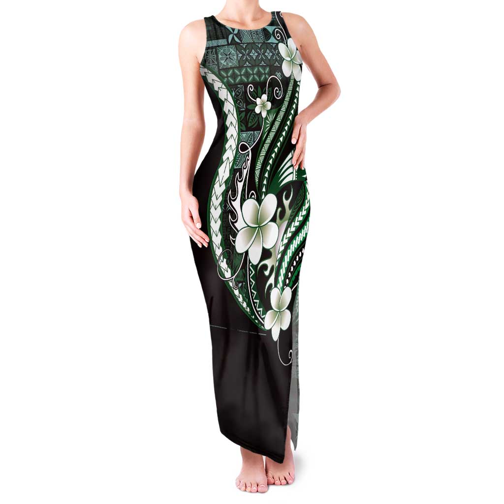 Samoa Siapo Tribal Pattern Tank Maxi Dress Forest Green Polynesian Plumeria Tapa Motif