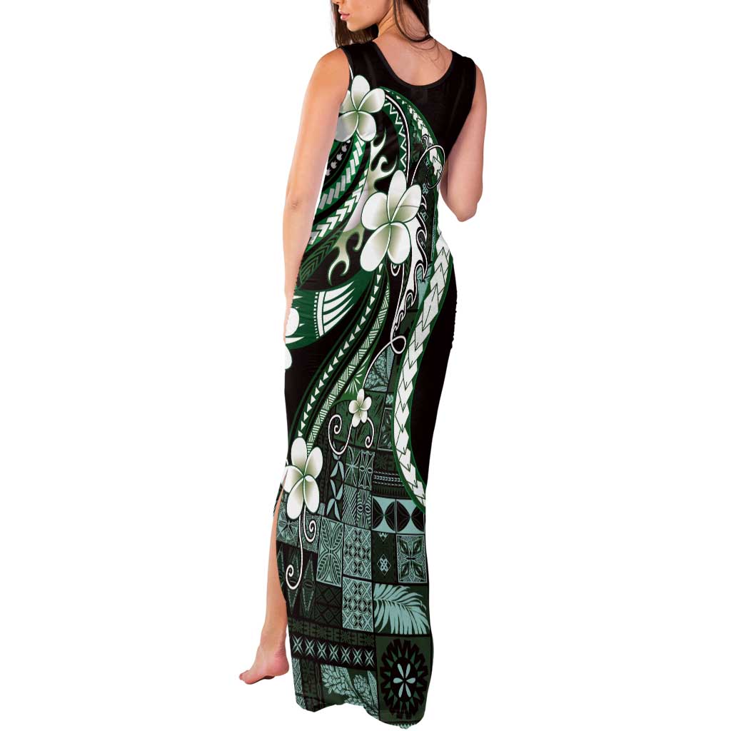 Samoa Siapo Tribal Pattern Tank Maxi Dress Forest Green Polynesian Plumeria Tapa Motif