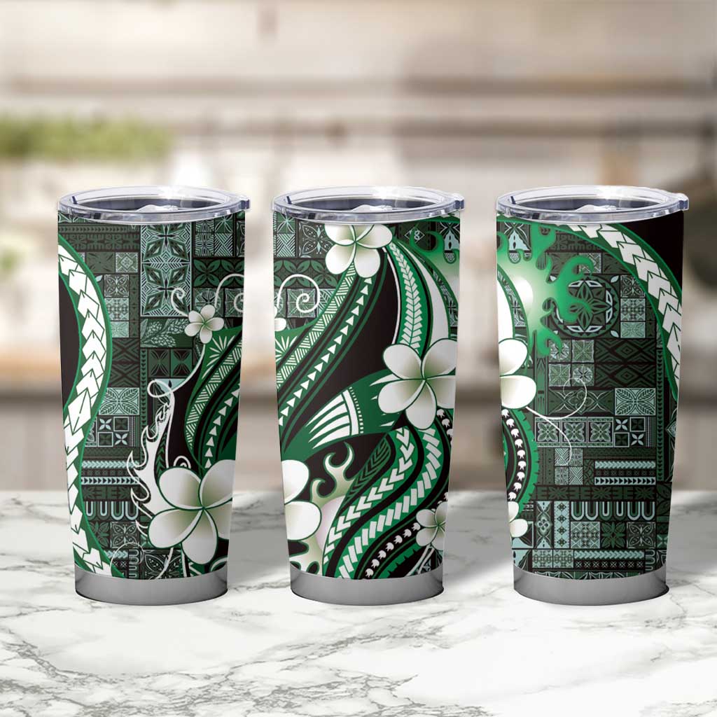 Samoa Siapo Tribal Pattern Tumbler Cup Forest Green Polynesian Plumeria Tapa Motif