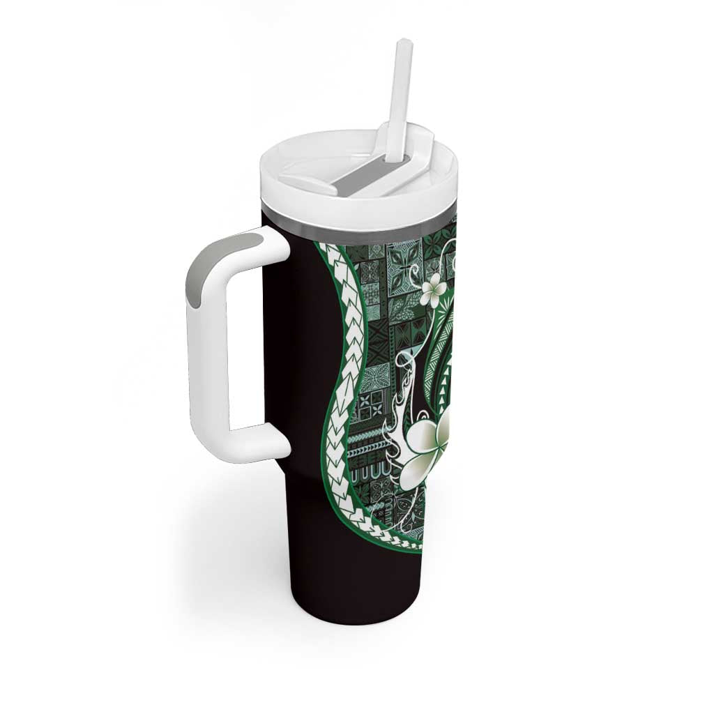 Samoa Siapo Tribal Pattern Tumbler With Handle Forest Green Polynesian Plumeria Tapa Motif