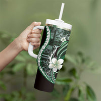 Samoa Siapo Tribal Pattern Tumbler With Handle Forest Green Polynesian Plumeria Tapa Motif