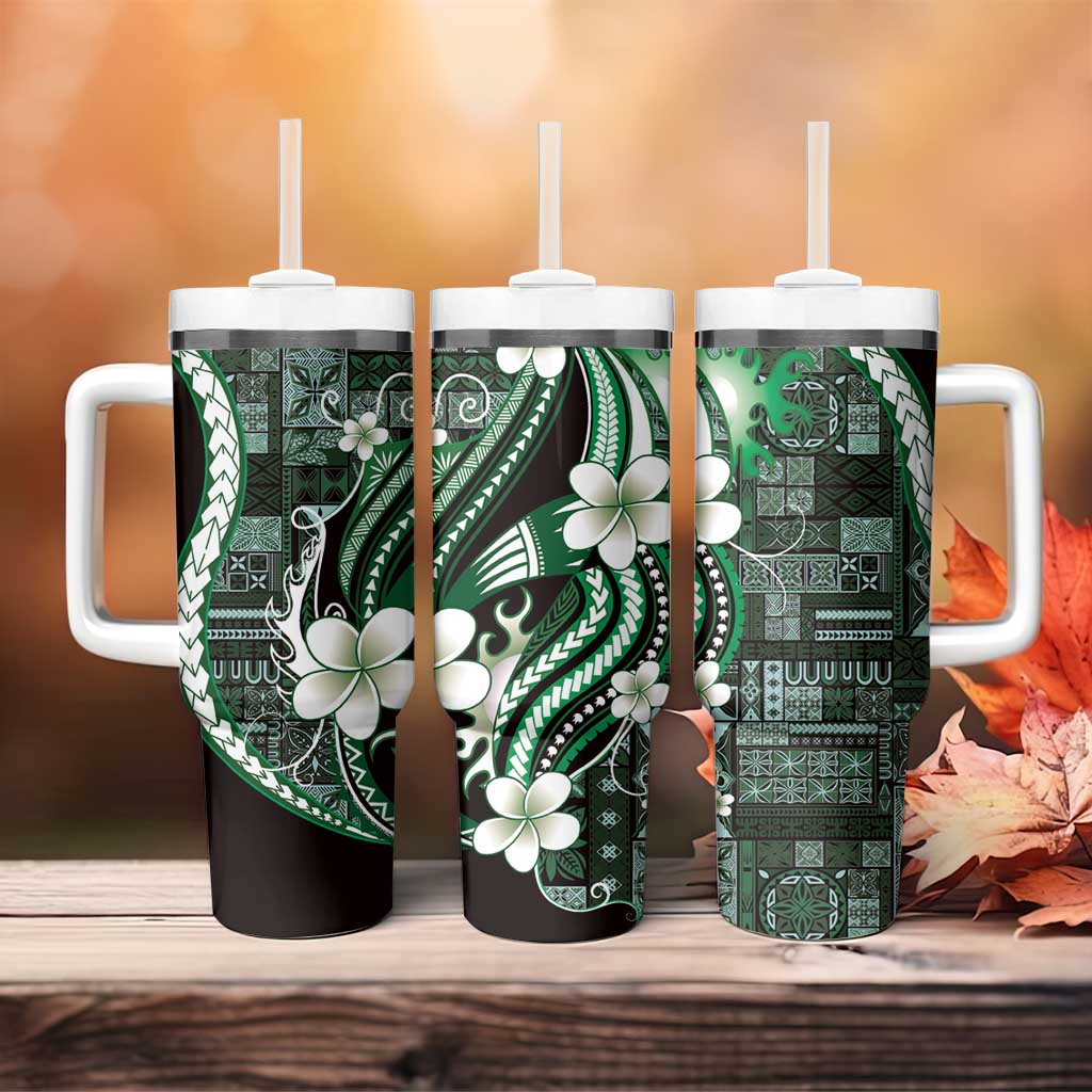 Samoa Siapo Tribal Pattern Tumbler With Handle Forest Green Polynesian Plumeria Tapa Motif