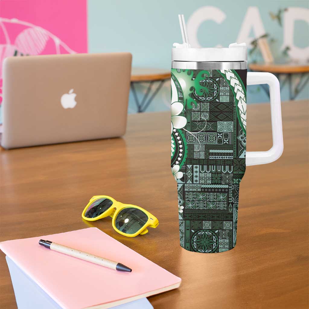 Samoa Siapo Tribal Pattern Tumbler With Handle Forest Green Polynesian Plumeria Tapa Motif