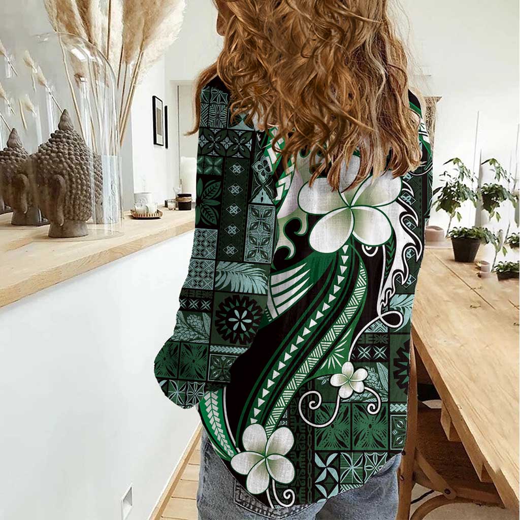 Samoa Siapo Tribal Pattern Women Casual Shirt Forest Green Polynesian Plumeria Tapa Motif LT9 - Polynesian Pride