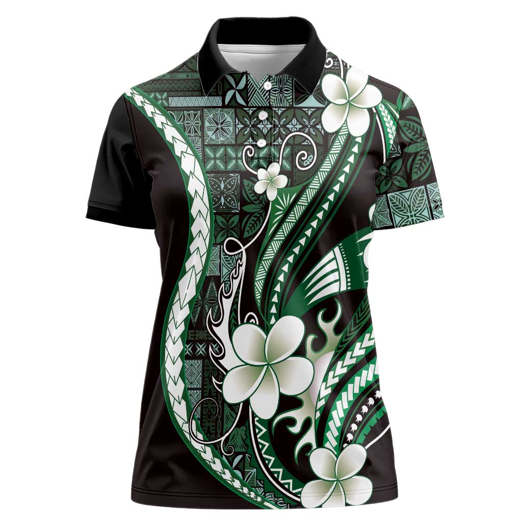 Samoa Siapo Tribal Pattern Women Polo Shirt Forest Green Polynesian Plumeria Tapa Motif LT9 Female Green - Polynesian Pride