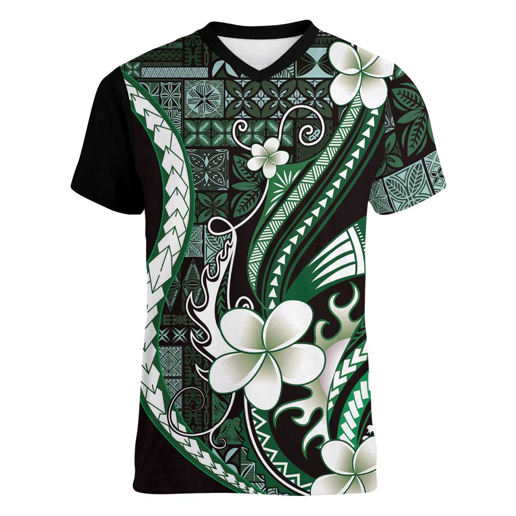 Samoa Siapo Tribal Pattern Women V-Neck T-Shirt Forest Green Polynesian Plumeria Tapa Motif LT9 Female Green - Polynesian Pride