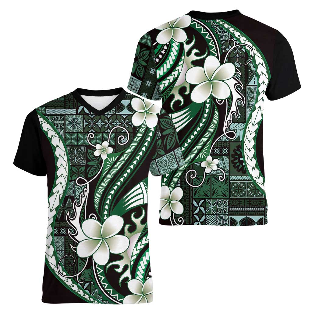 Samoa Siapo Tribal Pattern Women V-Neck T-Shirt Forest Green Polynesian Plumeria Tapa Motif LT9 - Polynesian Pride