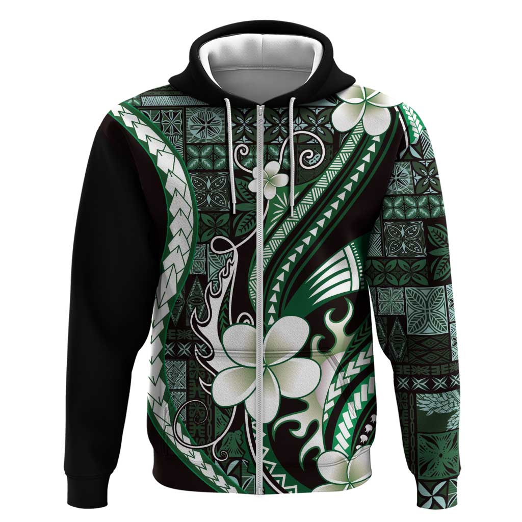 Samoa Siapo Tribal Pattern Zip Hoodie Forest Green Polynesian Plumeria Tapa Motif LT9 Zip Hoodie Green - Polynesian Pride