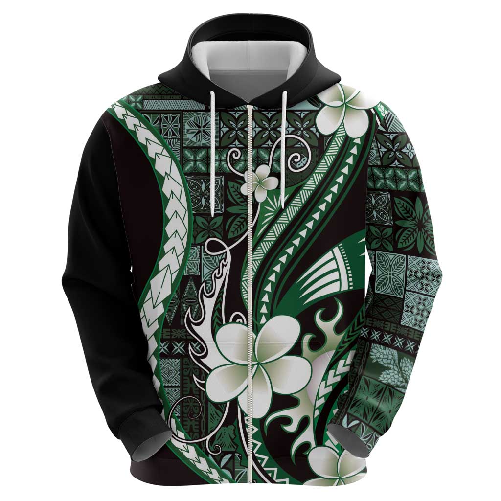 Samoa Siapo Tribal Pattern Zip Hoodie Forest Green Polynesian Plumeria Tapa Motif LT9 - Polynesian Pride