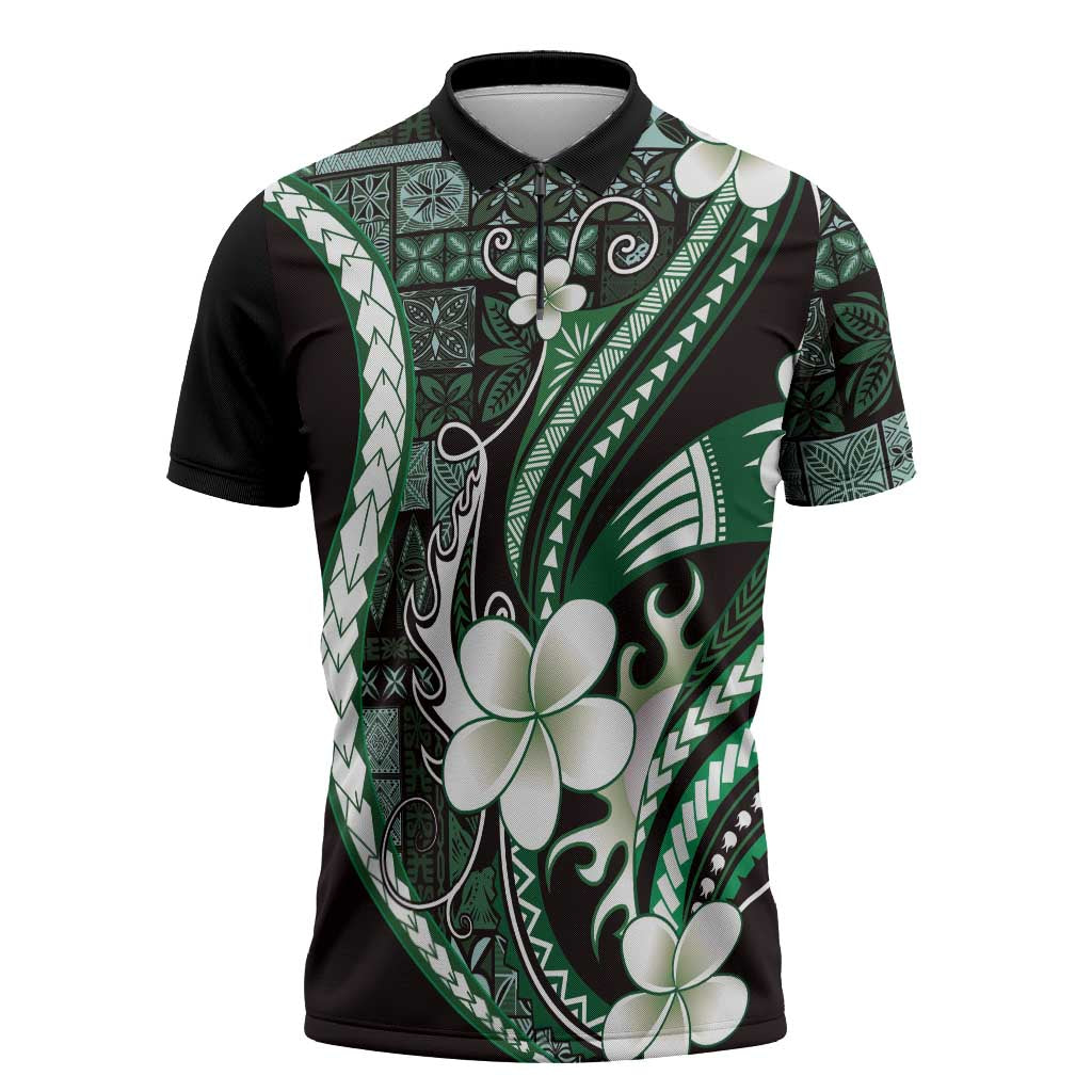 Samoa Siapo Tribal Pattern Zipper Polo Shirt Forest Green Polynesian Plumeria Tapa Motif LT9 Green - Polynesian Pride