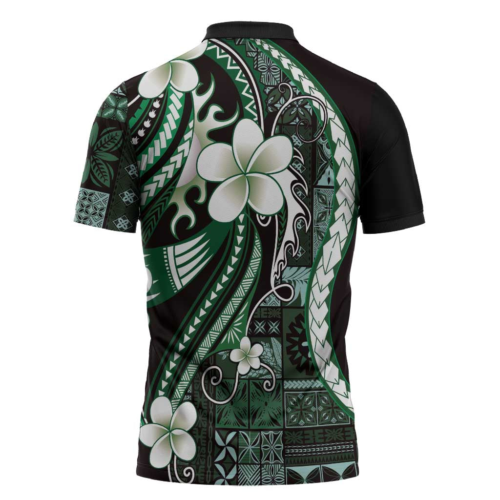 Samoa Siapo Tribal Pattern Zipper Polo Shirt Forest Green Polynesian Plumeria Tapa Motif LT9 - Polynesian Pride