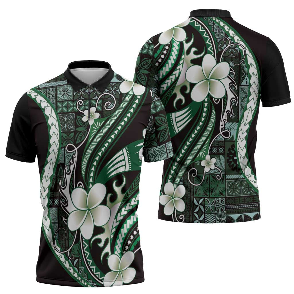 Samoa Siapo Tribal Pattern Zipper Polo Shirt Forest Green Polynesian Plumeria Tapa Motif LT9 - Polynesian Pride