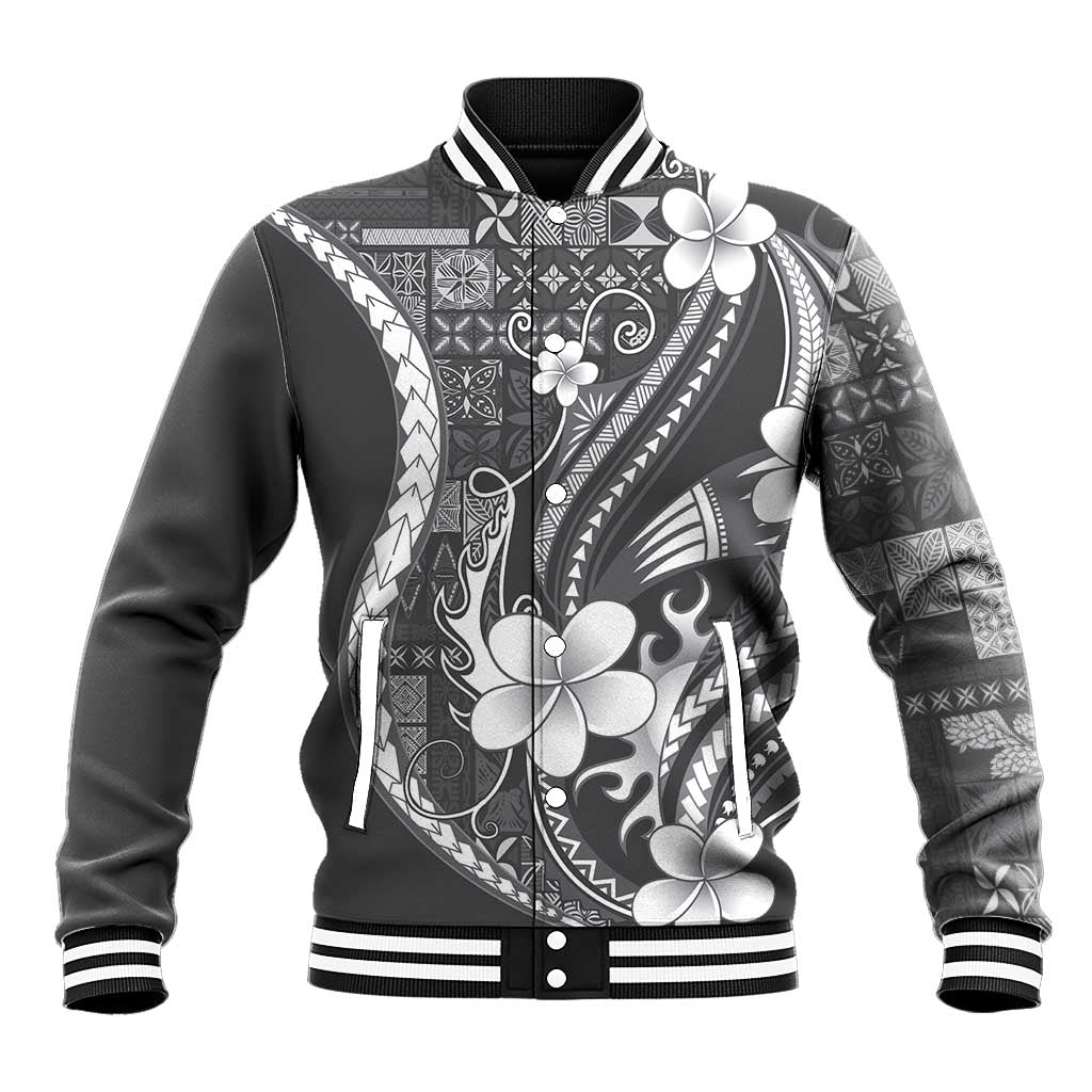 Samoa Siapo Tribal Pattern Baseball Jacket Light Gray Polynesian Plumeria Tapa Motif LT9 Unisex Gray - Polynesian Pride