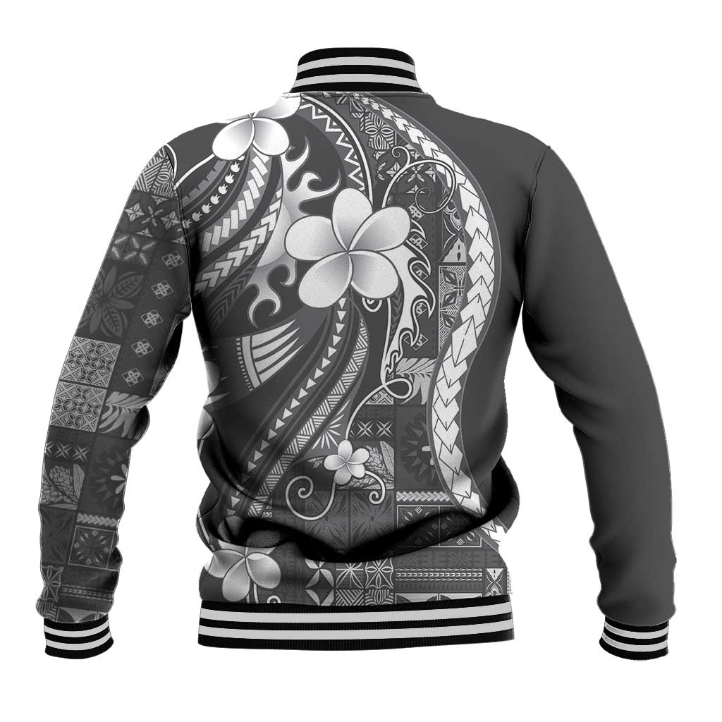 Samoa Siapo Tribal Pattern Baseball Jacket Light Gray Polynesian Plumeria Tapa Motif LT9 - Polynesian Pride