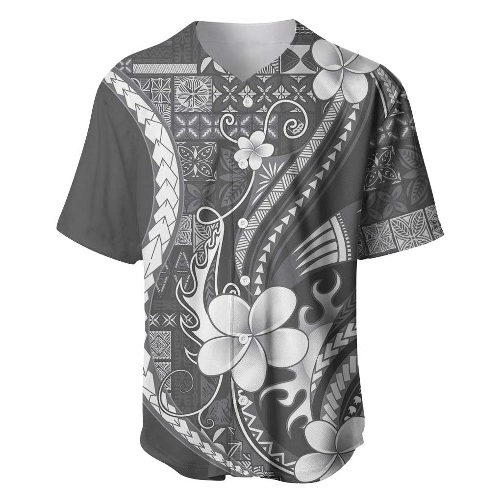 Samoa Siapo Tribal Pattern Baseball Jersey Light Gray Polynesian Plumeria Tapa Motif