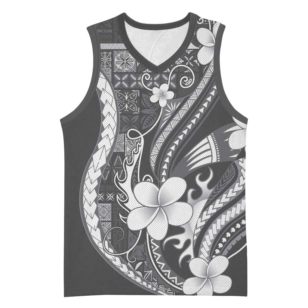 Samoa Siapo Tribal Pattern Basketball Jersey Light Gray Polynesian Plumeria Tapa Motif LT9 Unisex Gray - Polynesian Pride