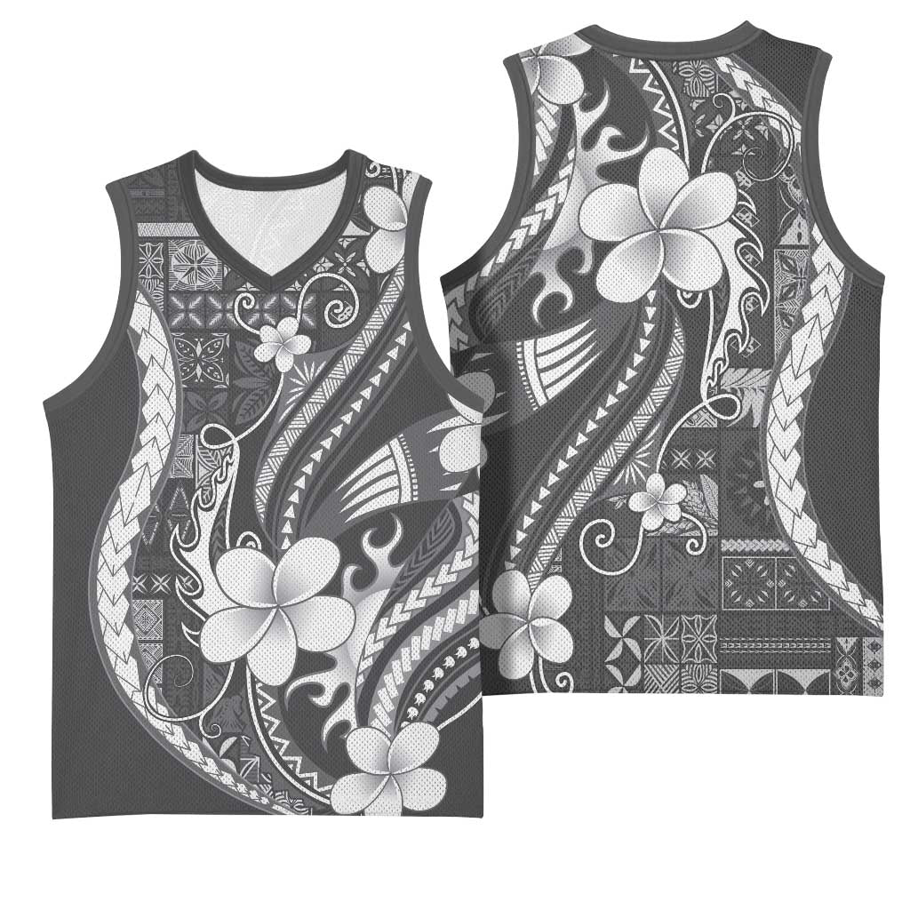 Samoa Siapo Tribal Pattern Basketball Jersey Light Gray Polynesian Plumeria Tapa Motif LT9 - Polynesian Pride