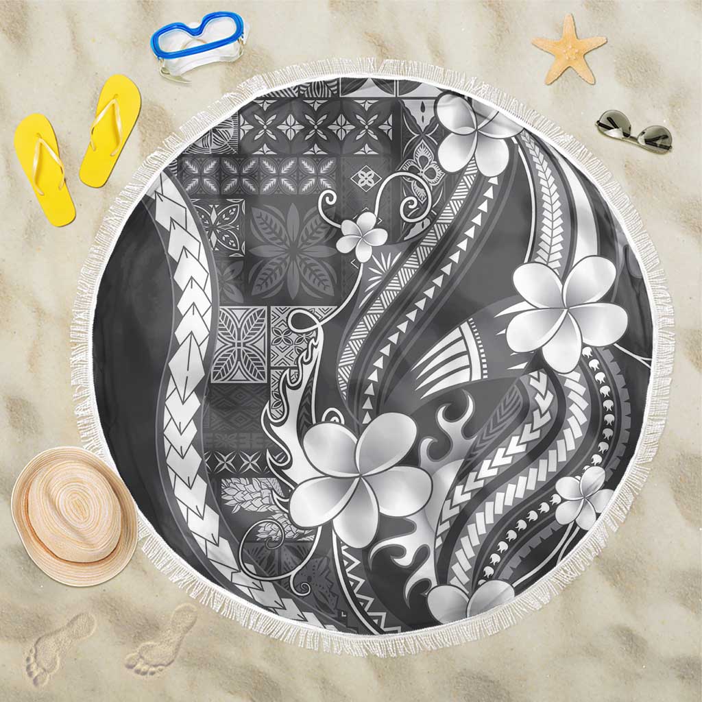 Samoa Siapo Tribal Pattern Beach Blanket Light Gray Polynesian Plumeria Tapa Motif LT9 One Size 150cm Gray - Polynesian Pride