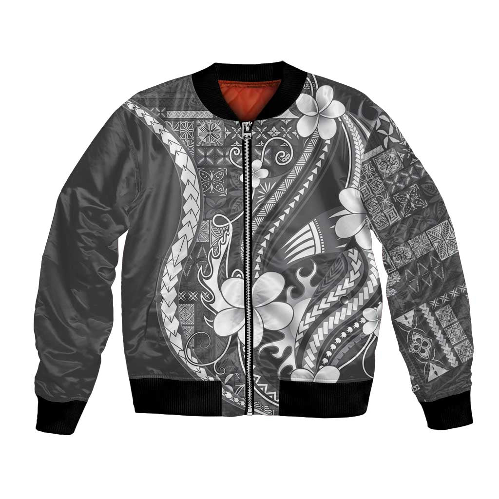 Samoa Siapo Tribal Pattern Bomber Jacket Light Gray Polynesian Plumeria Tapa Motif LT9 Unisex Gray - Polynesian Pride