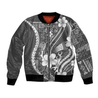 Samoa Siapo Tribal Pattern Bomber Jacket Light Gray Polynesian Plumeria Tapa Motif LT9 Unisex Gray - Polynesian Pride