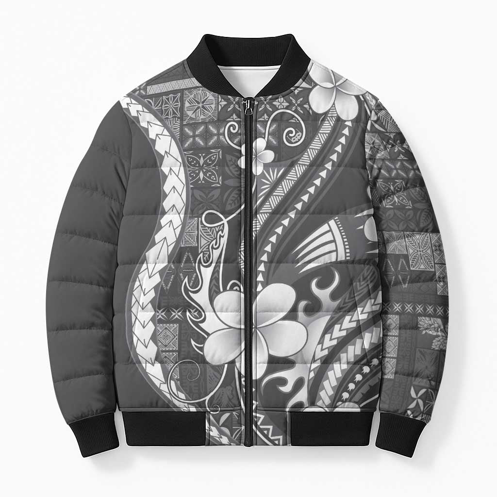 Samoa Siapo Tribal Pattern Bomber Puffer Jacket Light Gray Polynesian Plumeria Tapa Motif LT9 Unisex Gray - Polynesian Pride