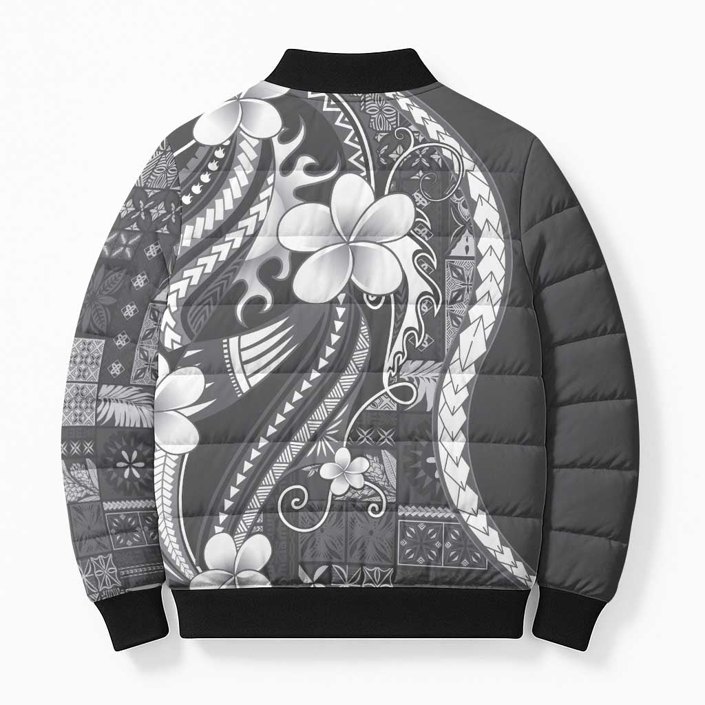 Samoa Siapo Tribal Pattern Bomber Puffer Jacket Light Gray Polynesian Plumeria Tapa Motif LT9 - Polynesian Pride