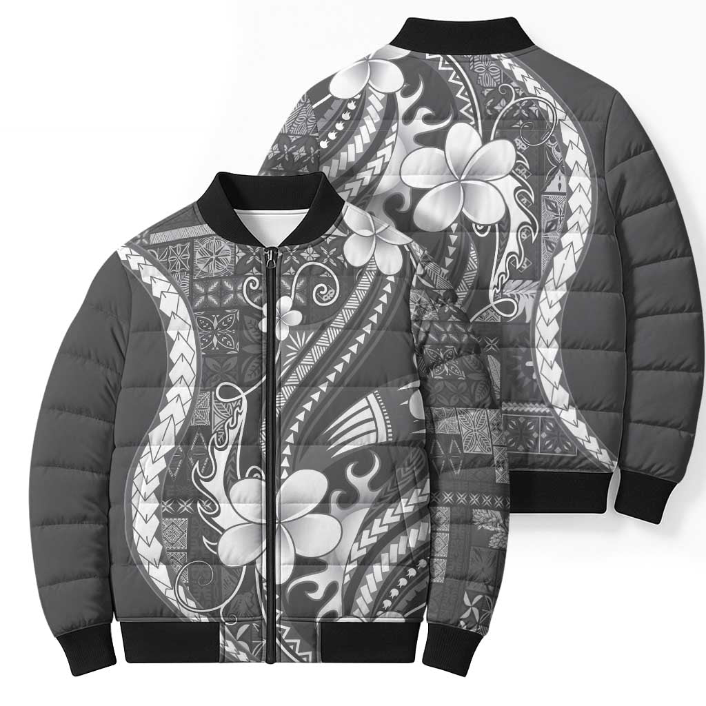 Samoa Siapo Tribal Pattern Bomber Puffer Jacket Light Gray Polynesian Plumeria Tapa Motif LT9 - Polynesian Pride