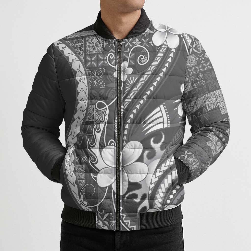 Samoa Siapo Tribal Pattern Bomber Puffer Jacket Light Gray Polynesian Plumeria Tapa Motif LT9 - Polynesian Pride