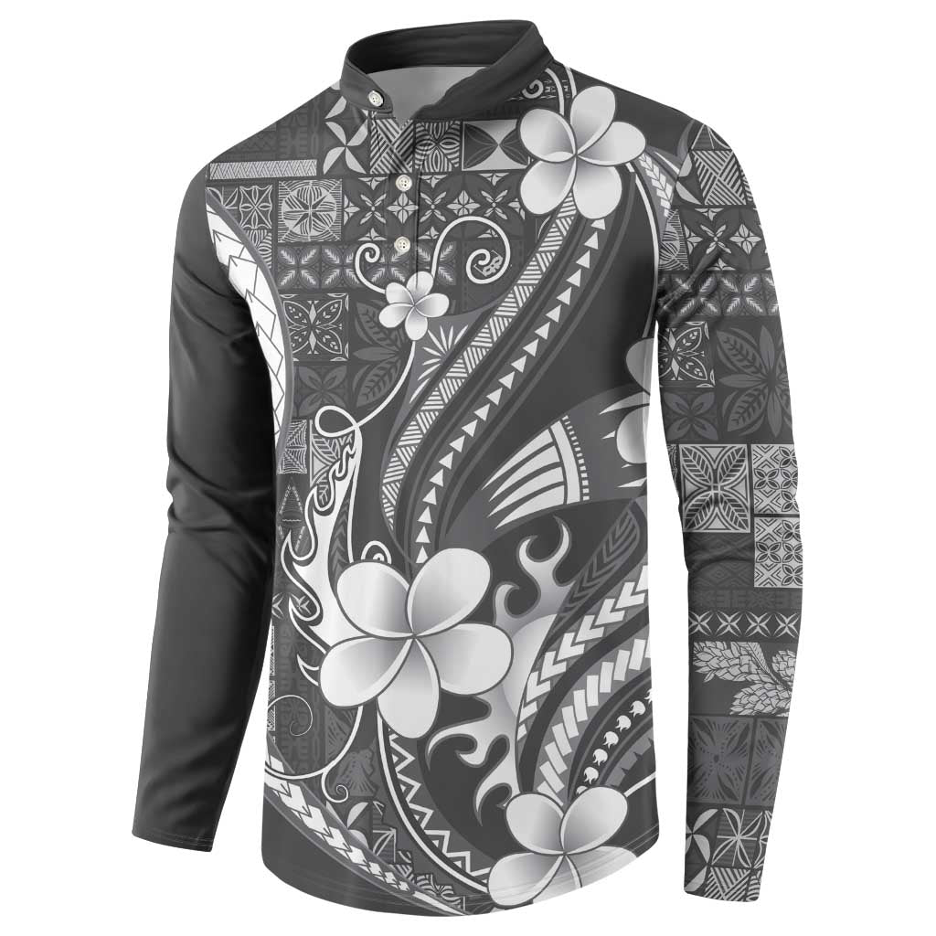 Samoa Siapo Tribal Pattern Button Sweatshirt Light Gray Polynesian Plumeria Tapa Motif LT9 - Polynesian Pride