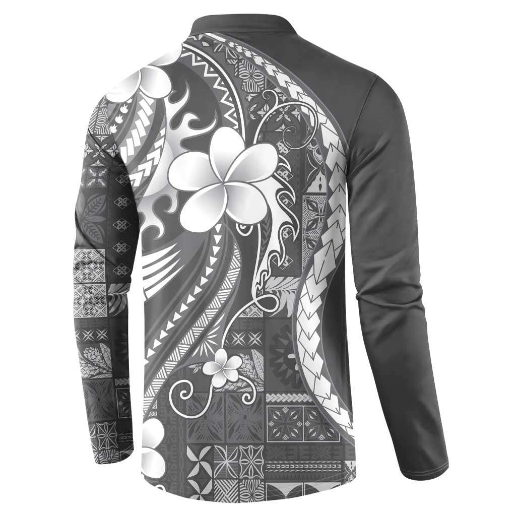 Samoa Siapo Tribal Pattern Button Sweatshirt Light Gray Polynesian Plumeria Tapa Motif LT9 - Polynesian Pride