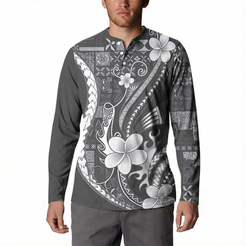 Samoa Siapo Tribal Pattern Button Sweatshirt Light Gray Polynesian Plumeria Tapa Motif LT9 - Polynesian Pride