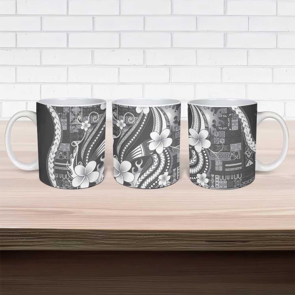 Samoa Siapo Tribal Pattern Ceramic Mug Light Gray Polynesian Plumeria Tapa Motif
