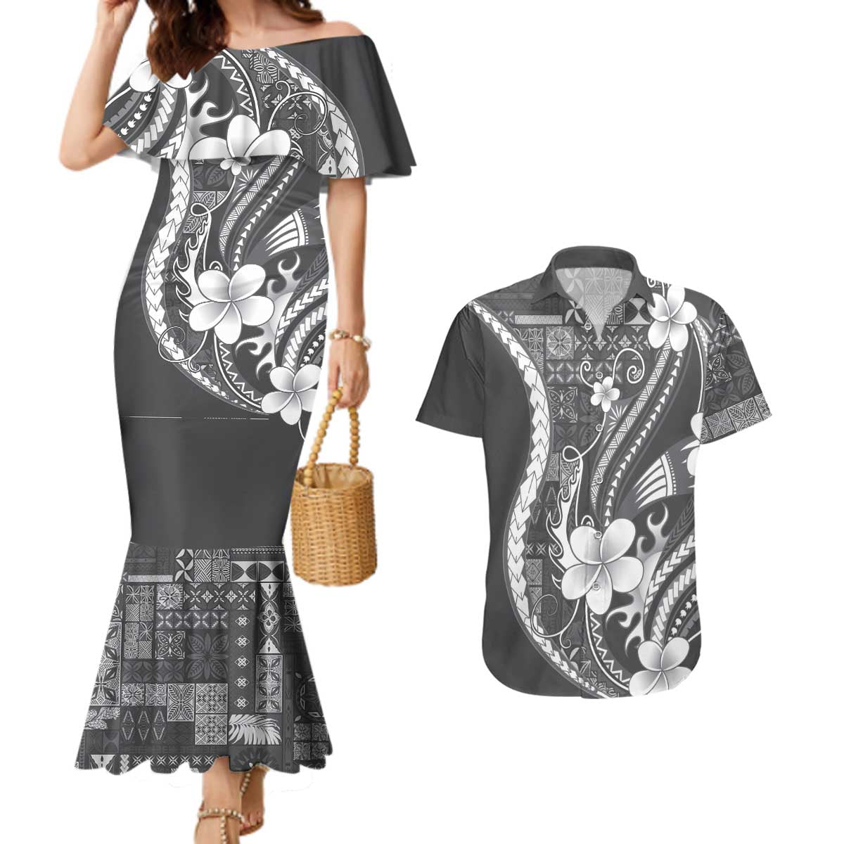 Samoa Siapo Tribal Pattern Couples Matching Mermaid Dress and Hawaiian Shirt Light Gray Polynesian Plumeria Tapa Motif LT9 Gray - Polynesian Pride