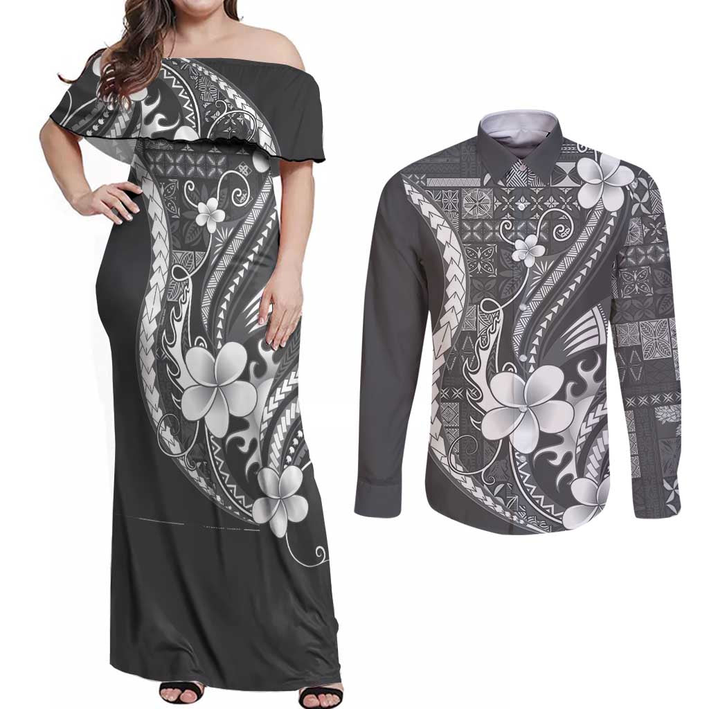 Samoa Siapo Tribal Pattern Couples Matching Off Shoulder Maxi Dress and Long Sleeve Button Shirt Light Gray Polynesian Plumeria Tapa Motif LT9 Gray - Polynesian Pride