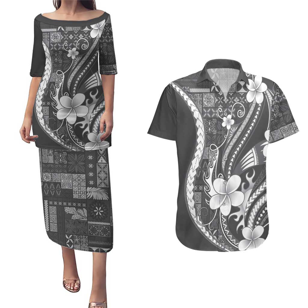 Samoa Siapo Tribal Pattern Couples Matching Puletasi and Hawaiian Shirt Light Gray Polynesian Plumeria Tapa Motif LT9 Gray - Polynesian Pride
