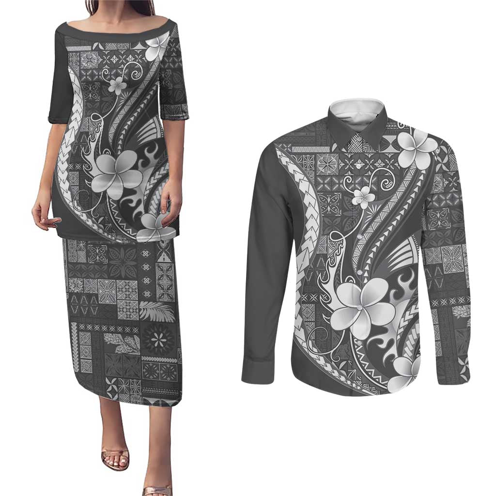Samoa Siapo Tribal Pattern Couples Matching Puletasi and Long Sleeve Button Shirt Light Gray Polynesian Plumeria Tapa Motif LT9 Gray - Polynesian Pride