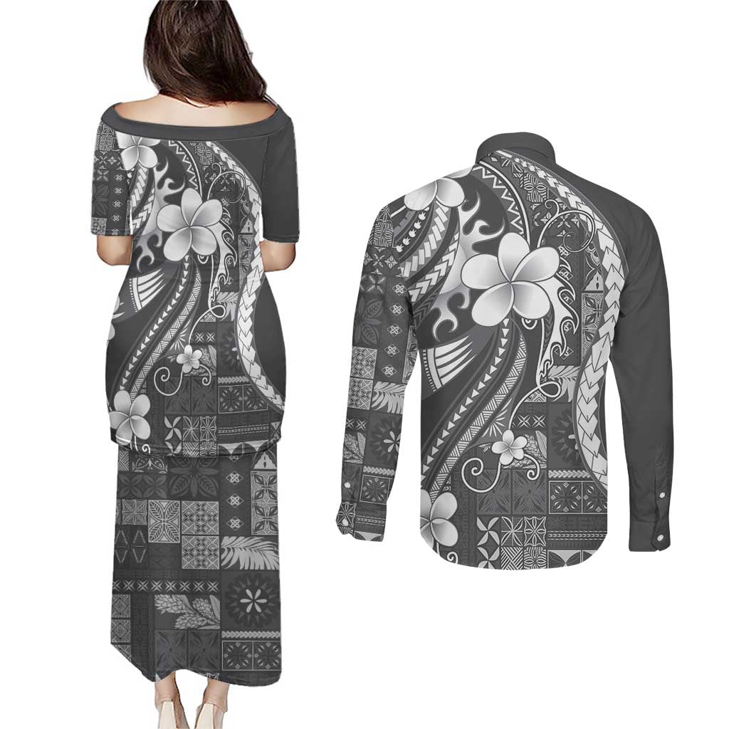 Samoa Siapo Tribal Pattern Couples Matching Puletasi and Long Sleeve Button Shirt Light Gray Polynesian Plumeria Tapa Motif LT9 - Polynesian Pride