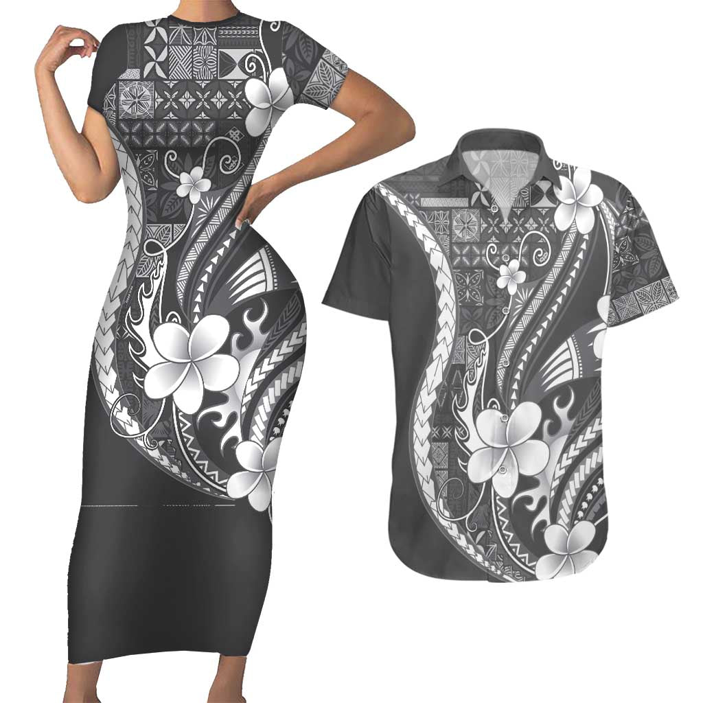 Samoa Siapo Tribal Pattern Couples Matching Short Sleeve Bodycon Dress and Hawaiian Shirt Light Gray Polynesian Plumeria Tapa Motif LT9 Gray - Polynesian Pride