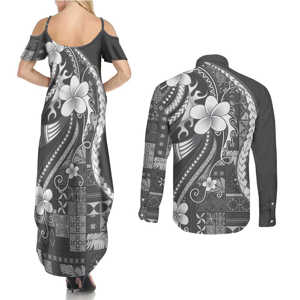 Samoa Siapo Tribal Pattern Couples Matching Summer Maxi Dress and Long Sleeve Button Shirt Light Gray Polynesian Plumeria Tapa Motif LT9 - Polynesian Pride