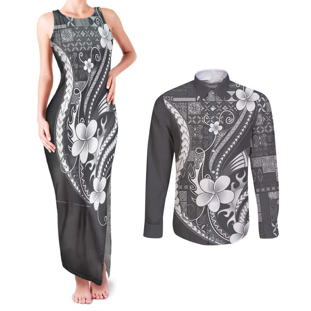 Samoa Siapo Tribal Pattern Couples Matching Tank Maxi Dress and Long Sleeve Button Shirt Light Gray Polynesian Plumeria Tapa Motif LT9 Gray - Polynesian Pride