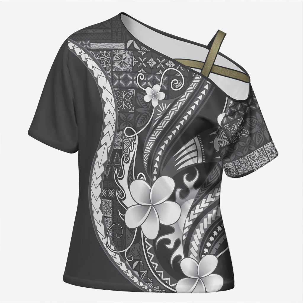 Samoa Siapo Tribal Pattern Cross Shoulder Shirt Light Gray Polynesian Plumeria Tapa Motif LT9 Female Gray - Polynesian Pride