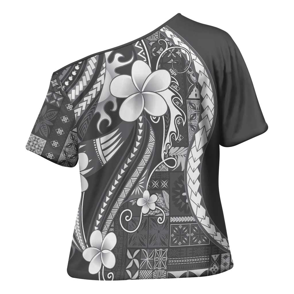 Samoa Siapo Tribal Pattern Cross Shoulder Shirt Light Gray Polynesian Plumeria Tapa Motif LT9 - Polynesian Pride