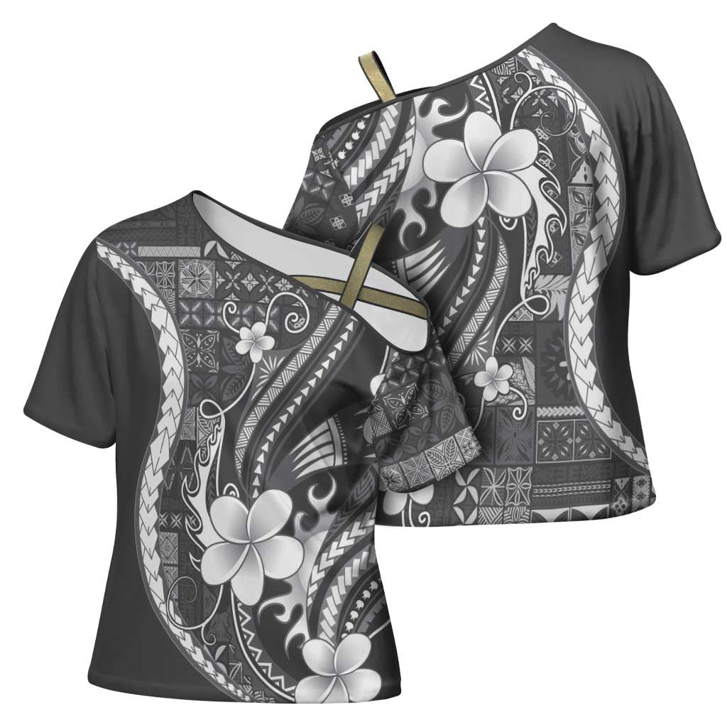 Samoa Siapo Tribal Pattern Cross Shoulder Shirt Light Gray Polynesian Plumeria Tapa Motif LT9 - Polynesian Pride