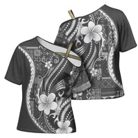 Samoa Siapo Tribal Pattern Cross Shoulder Shirt Light Gray Polynesian Plumeria Tapa Motif LT9 - Polynesian Pride