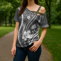 Samoa Siapo Tribal Pattern Cross Shoulder Shirt Light Gray Polynesian Plumeria Tapa Motif LT9 - Polynesian Pride