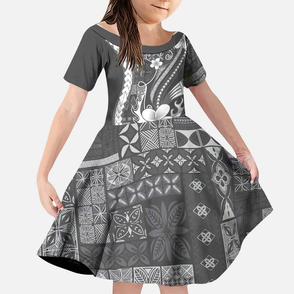 Samoa Siapo Tribal Pattern Family Matching Mermaid Dress and Hawaiian Shirt Light Gray Polynesian Plumeria Tapa Motif