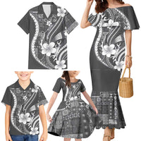 Samoa Siapo Tribal Pattern Family Matching Mermaid Dress and Hawaiian Shirt Light Gray Polynesian Plumeria Tapa Motif