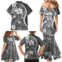 Samoa Siapo Tribal Pattern Family Matching Mermaid Dress and Hawaiian Shirt Light Gray Polynesian Plumeria Tapa Motif